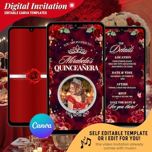 Red Floral Quinceañera Video Invitation, Editable Red Silver Sweet 15th Birthday Animated Invites, Digital Mis Quince Anos Birthday Evites