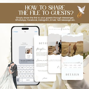 May include: A digital wedding invitation design with a smartphone displaying a message and details. The design includes a bride and groom illustration, floral accents, and the text "How to Share the File to Guests?"