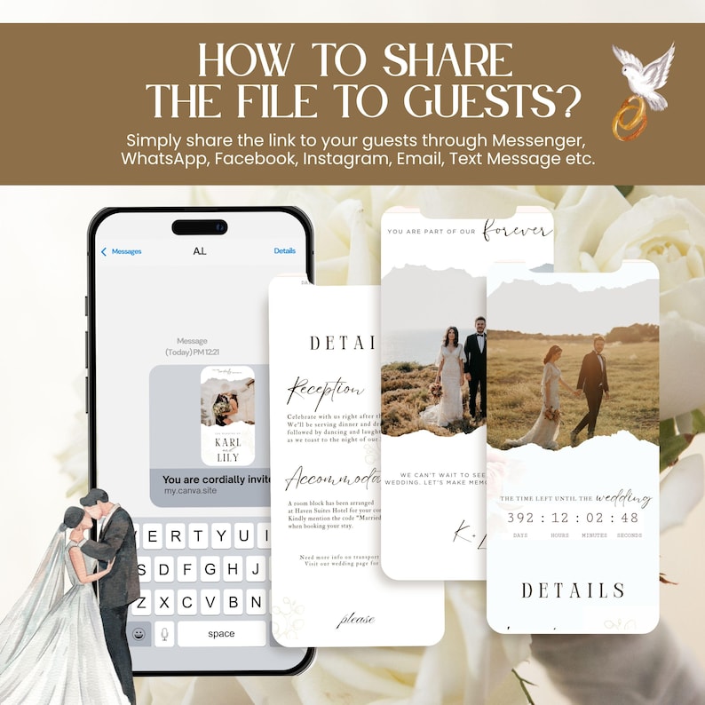 May include: A digital wedding invitation design with a smartphone displaying a message and details. The design includes a bride and groom illustration, floral accents, and the text "How to Share the File to Guests?"