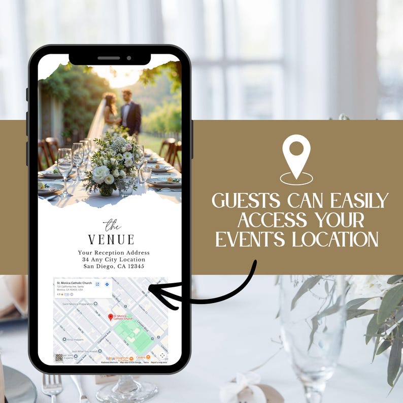 Op de afbeelding: Een smartphone toont een trouwreceptie met een tafelsetting en bloemstukken. Tekst op de telefoon luidt "the VENUE" en het receptieadres. De afbeelding bevat ook de tekst "GUESTS CAN EASILY ACCESS YOUR EVENT'S LOCATION."