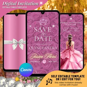 May include: Digital invitation template for a Quinceañera, featuring a pink theme with rose backgrounds and a bow. The text reads "Save the Date" and "Jessica Flores". The invitation is self-editable or can be edited for you.
