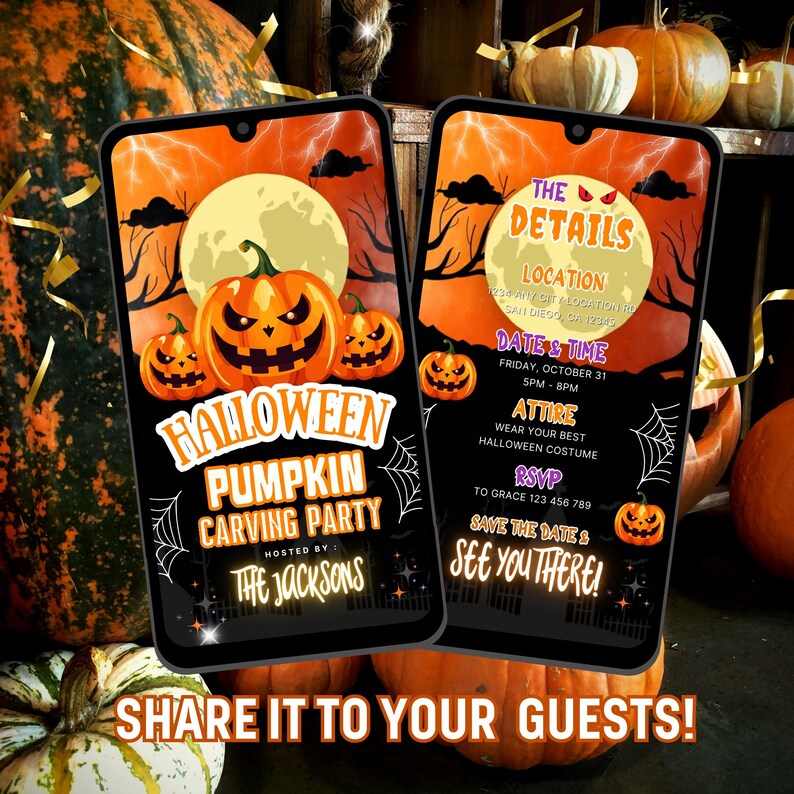 Może przedstawiać: Dwa smartfony wyświetlają zaproszenie na Halloween Pumpkin Carving Party. Projekt zawiera dynie-latarnie, pełnię księżyca i tekst "Halloween Pumpkin Carving Party". Drugi telefon pokazuje szczeg&oacute;ły: datę, godzinę, str&oacute;j i informacje RSVP. Tło zawiera dynie.