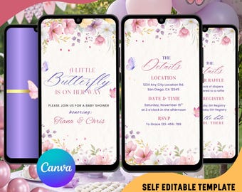 Butterfly Baby Shower Video Invitation: Floral Canva Template (Digital Download)
