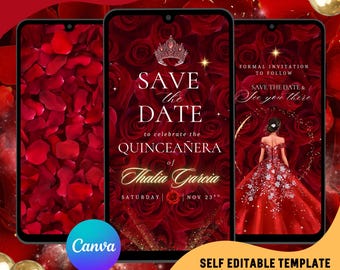 Save the Date Quinceañeara Video Invitation, Red Floral Sweet 15 Animated Invite, Mis Quince Anos Birthday Digital Evite : Editable Template