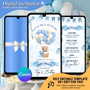 May include: Digital baby shower invitation template on three smartphones. The design features a hot air balloon with a teddy bear, blue and white balloons, and the text "A Little One Is On The Way". Includes event details and Canva logo.
