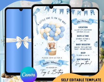 Może przedstawiać: Cyfrowy szablon zaproszenia na baby shower na trzech smartfonach. Projekt przedstawia balon na ogrzane powietrze z misiem, niebieskimi i białymi balonami oraz tekstem "A Little One Is On The Way". Zawiera szczegóły wydarzenia i logo Canva.