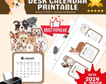 Calendrier de bureau 2024 chien imprimable, calendrier 2024, mini calendrier, imprimable, début du lundi et dimanche, chien, amoureux des chiens, calendrier 2025 inclus