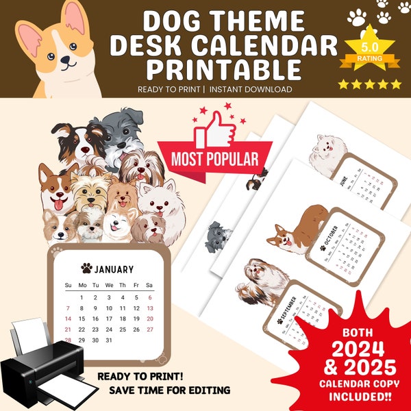 2024 Dog Desk Calendar Printable, 2024 Calendar, Mini Calendar, Printable, Monday and Sunday start, Dog, Dog Lover, 2025 Calendar included
