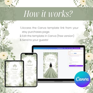 May include: A digital invitation design displayed on a laptop, tablet, and phone. The design features a quincea&ntilde;era theme with floral accents and the text "Thalia's Quincea&ntilde;era." The Canva logo is visible in the bottom right corner. Instructions are also displayed.