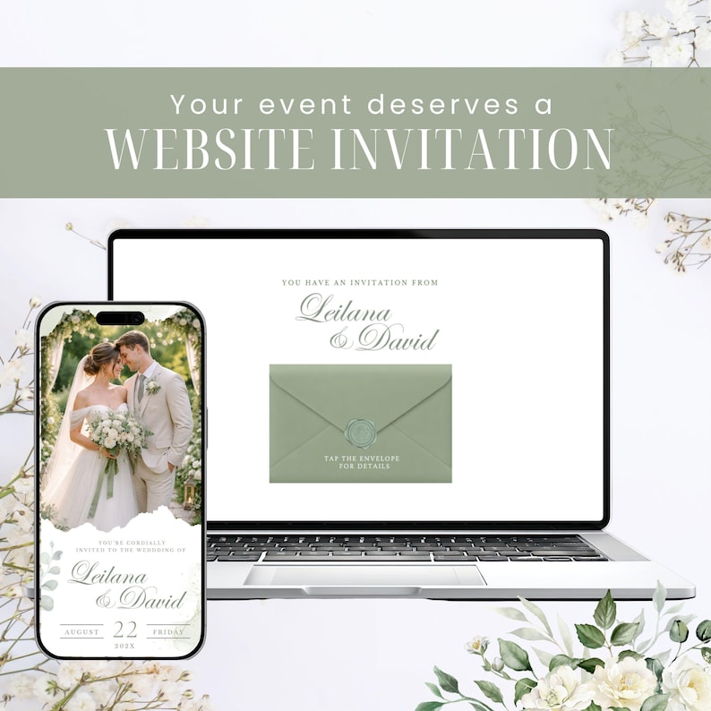 Pu&ograve; includere: Un laptop e uno smartphone mostrano un invito di nozze. Il telefono mostra una foto di una coppia, mentre il laptop mostra una busta con un sigillo di cera. Il testo recita "Your event deserves a WEBSITE INVITATION."