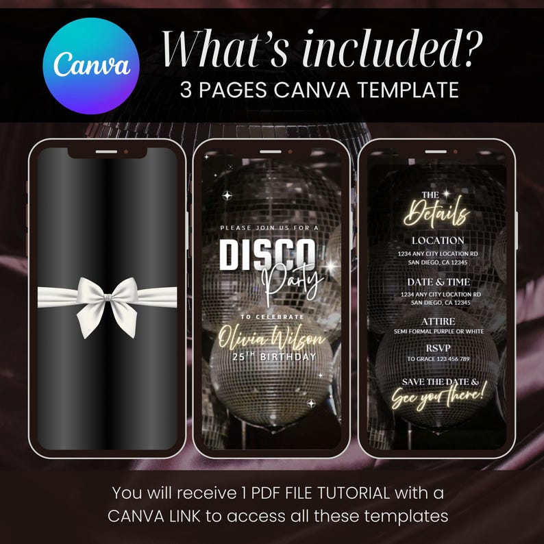 Op de afbeelding: Drie Canva-sjablonen voor een disco-partyuitnodiging. De eerste sjabloon heeft een zwarte achtergrond met een witte strik. De tweede sjabloon heeft een discobal met de tekst "Doe mee met ons voor een Disco Party" en "Olivia Wilson 25e verjaardag". De derde sjabloon heeft een discobal met de tekst "De details" en bevat informatie over de locatie, datum en tijd, kleding en RSVP.