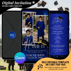 Può includere: Modello di invito digitale di laurea con un laureato in toga blu. Il design include il testo "He Did It" e i dettagli dell'evento, come data, ora e luogo. L'invito è personalizzabile con Canva.