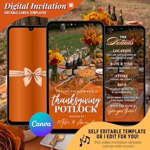 May include: Digital Thanksgiving potluck invitation on a smartphone screen. The invitation features a festive table setting with food and flowers. Text includes event details, RSVP information, and the Canva logo.