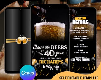Editable Cheers and Beers Birthday Party Digital Video Invitation, Beer Party 30th 40th 50th Invites, Men Invitation, Boy, Dad Invites