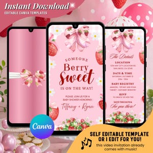 Puede incluir: Plantilla de invitación de baby shower rosa con tema de fresas. El diseño incluye el texto "Berry Sweet" y "Tiffany + Ryan". La invitación es una plantilla autoeditable.