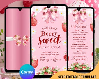 May include: Pink baby shower invitation template with a strawberry theme. The design includes the text "Berry Sweet" and "Tiffany + Ryan". The invitation is a self-editable template.