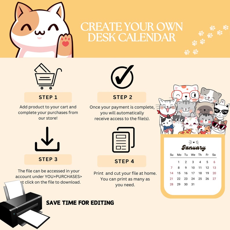 2024 Cat Desk Calendar Printable, Mini Calendar, Printable, Monday and