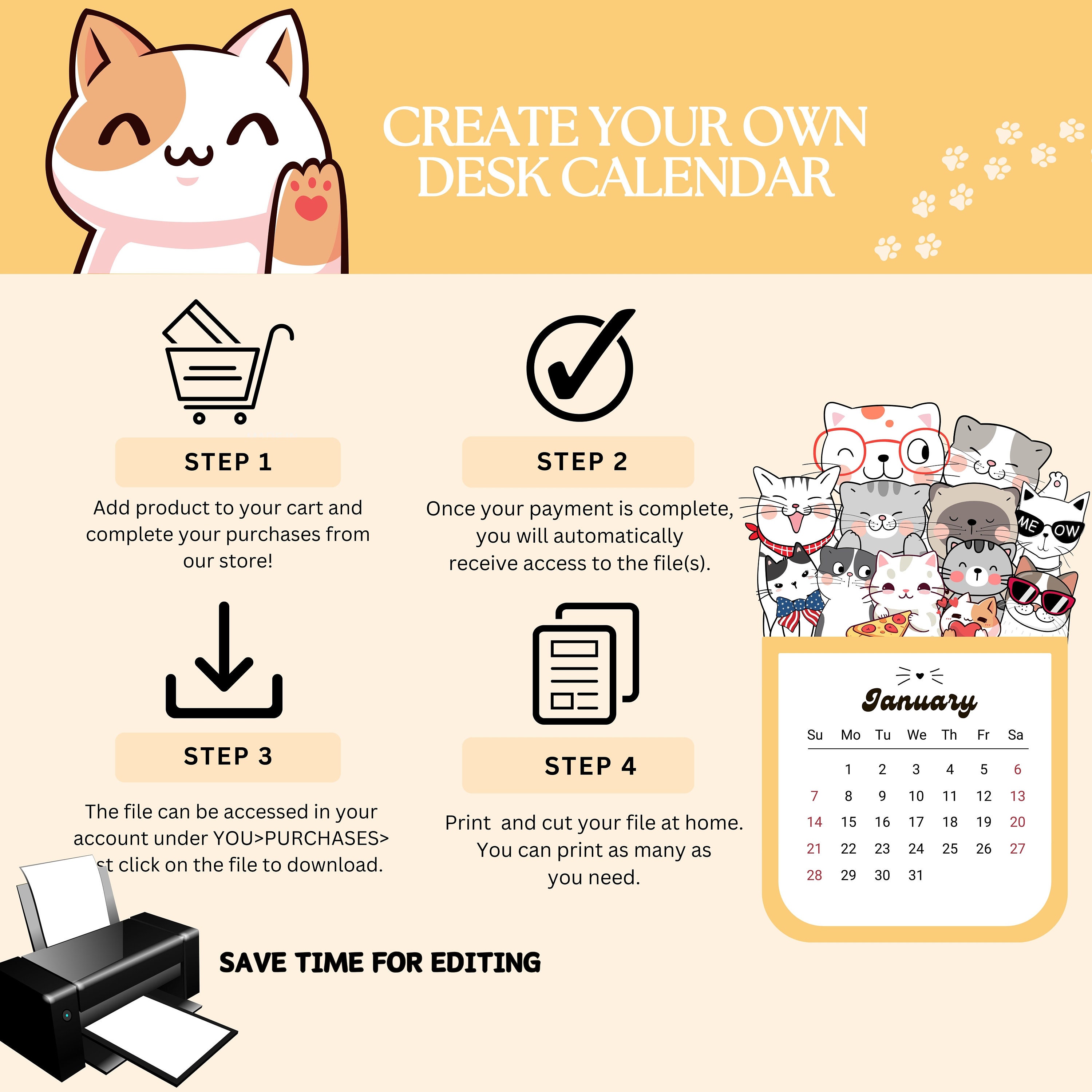 2024 Cat Desk Calendar Printable, 2024 Calendar, Mini Calendar