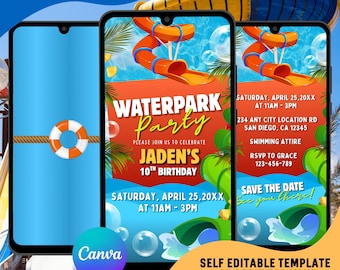 May include: Digital invitation template for a waterpark party, featuring a vibrant design with an orange water slide, palm leaves, and bubbles. The invitation includes the text "Waterpark Party" and details for Jaden's 10th birthday.
