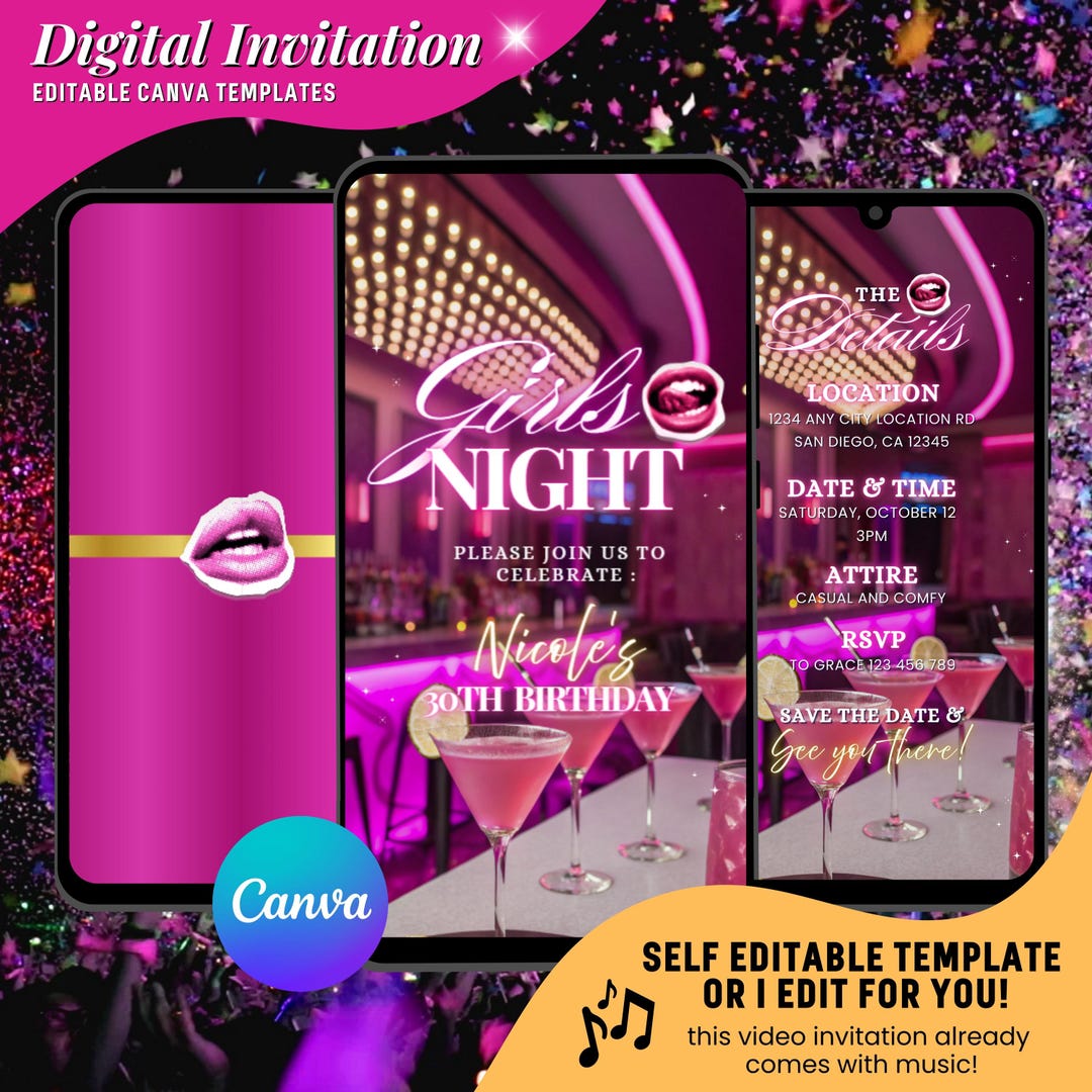 Girls Night Birthday Video Invitation, Pink Chic Ladies Night Evites ...