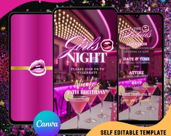 May include: Digital invitation template for a Girls Night 30th Birthday party. The design features a pink and black color scheme with martini glasses, the text "Girls Night", and the Canva logo. The invitation includes event details.