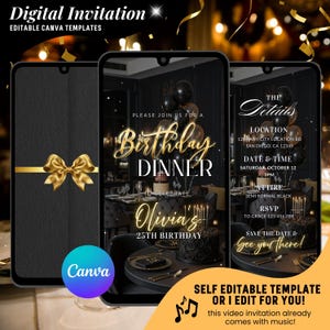 May include: Digital invitation template for a birthday dinner, featuring a black and gold color scheme. The design includes a gold bow, balloons, and text that reads "Birthday Dinner" and "Olivia's 25th Birthday."