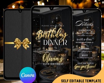 Elegant Black and Gold Birthday Dinner Video Invitation (Editable Canva Template)