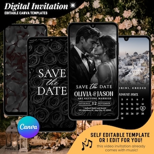 May include: Digital invitation templates displayed on smartphones. The designs include a black and white rose pattern, a couple embracing, and a calendar. Text includes "Save the Date" and event details. The Canva logo is visible.