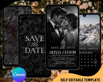 Elegant Wedding Save the Date Video Invitation, Black Floral Wedding Evite : Editable Template (Instant Download)