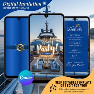 Op de afbeelding: Digitale uitnodigingssjabloon voor een jachtfeest, weergegeven op drie smartphones. Het ontwerp heeft een blauw en goud kleurenschema met de tekst "Yacht Party!" en evenementdetails. Inclusief het Canva-logo.
