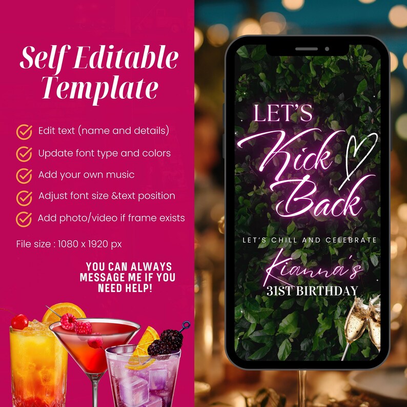Puede incluir: Un smartphone muestra una invitaci&oacute;n digital con el texto "LET'S Kick Back" en rosa ne&oacute;n sobre un fondo verde. La invitaci&oacute;n es para el 31 cumplea&ntilde;os de Kianna. El lado izquierdo muestra las caracter&iacute;sticas de la plantilla.