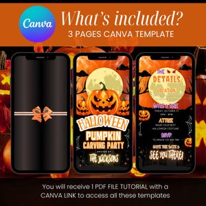 Może przedstawiać: Cyfrowy szablon zaproszenia na imprezę Halloween wyświetlany na trzech smartfonach. Projekt przedstawia motyw imprezy z rzeźbieniem dyni z lampionami, pełnią księżyca i szczeg&oacute;łami wydarzenia. Logo Canva jest widoczne w lewym g&oacute;rnym rogu.