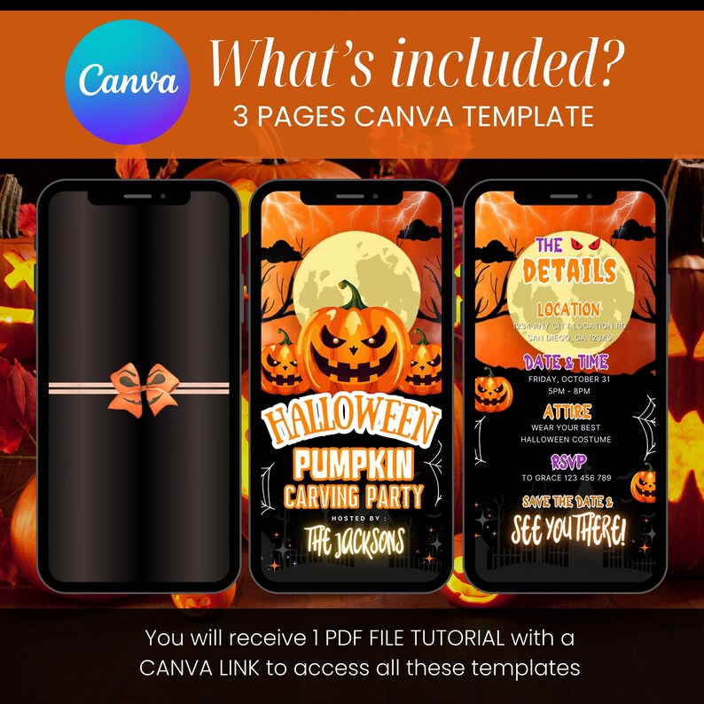 Może przedstawiać: Cyfrowy szablon zaproszenia na imprezę Halloween wyświetlany na trzech smartfonach. Projekt przedstawia motyw imprezy z rzeźbieniem dyni z lampionami, pełnią księżyca i szczeg&oacute;łami wydarzenia. Logo Canva jest widoczne w lewym g&oacute;rnym rogu.