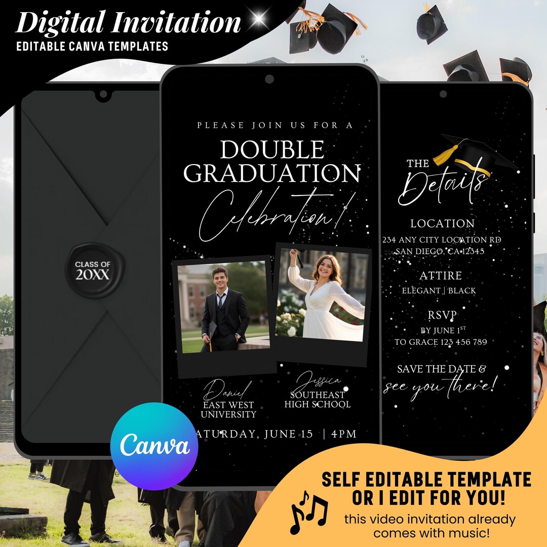 Elegant Double Graduation Video Invitation, 2026 College Highschool ...