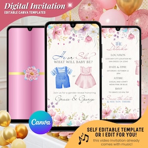 Floral Gender Reveal Video Invitation, Cute Flower Gender Reveal Digital Invites, Editable Cute Baby Gender Reveal Party Animated Evite
