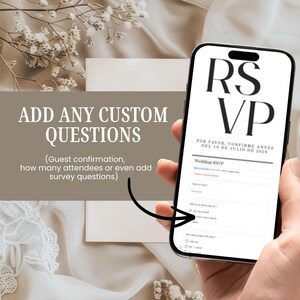 May include: A smartphone displaying a digital wedding RSVP form with the text RSVP and POR FAVOR, CONFIRME ANTES DEL 19 DE JULIO DE 2026. The screen shows fields for guest names, attendance confirmation, and the number of attendees for the event.