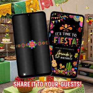 Puede incluir: Dos tel&eacute;fonos inteligentes que muestran una colorida invitaci&oacute;n para una fiesta de cumplea&ntilde;os "Fiesta". Un tel&eacute;fono muestra un dise&ntilde;o floral, el otro muestra la invitaci&oacute;n con el texto "It's Time to Fiesta" y "Amanda's 20th Birthday". La frase "Share it to your guests!" est&aacute; en la parte inferior.