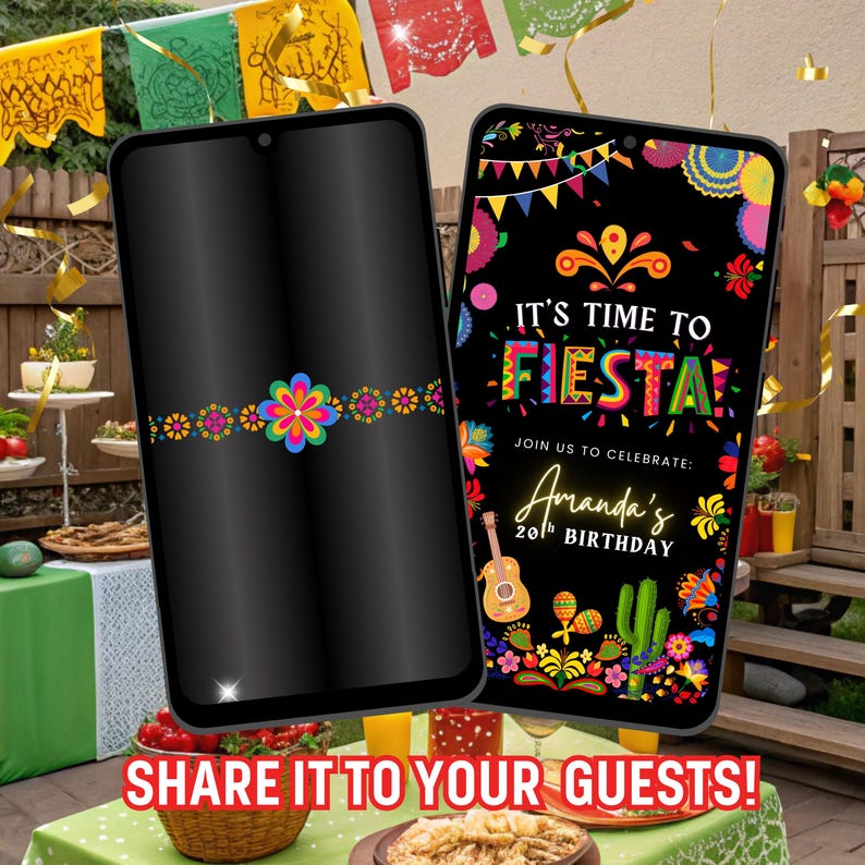 Puede incluir: Dos tel&eacute;fonos inteligentes que muestran una colorida invitaci&oacute;n para una fiesta de cumplea&ntilde;os "Fiesta". Un tel&eacute;fono muestra un dise&ntilde;o floral, el otro muestra la invitaci&oacute;n con el texto "It's Time to Fiesta" y "Amanda's 20th Birthday". La frase "Share it to your guests!" est&aacute; en la parte inferior.