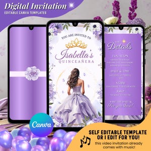 Könnte beinhalten: Digitale Einladungsvorlage für eine Quinceañera, in Lila. Das Design enthält florale Elemente und den Text "Isabella's Quinceañera". Die Einladung enthält Details wie Veranstaltungsort, Datum, Uhrzeit und RSVP-Informationen. Die Vorlage ist editierbar.