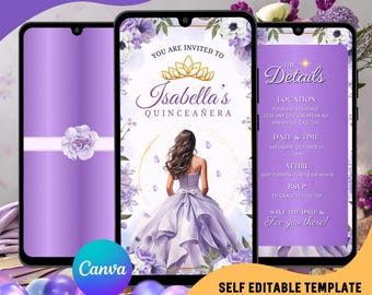 Quinceañera Invitation, Purple Sweet 15 Video Invitation, Digital Mis Quince Anos Birthday Digital Invite, Elegant 15th Birthday EVite