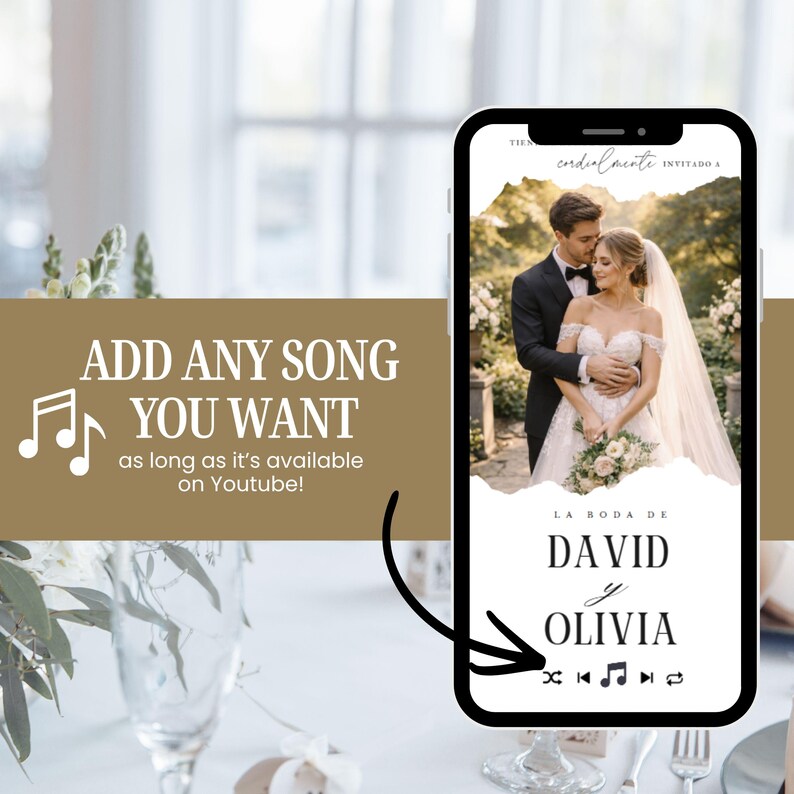 Może przedstawiać: Cyfrowe zaproszenie ślubne wyświetlone na ekranie smartfona ze zdjęciem pary, tekstem "LA BODA DE DAVID y OLIVIA" oraz ikonami odtwarzacza muzyki. Grafika zawiera tekst "ADD ANY SONG YOU WANT as long as it&rsquo;s available on Youtube!"