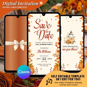 Peut inclure: Modèle d'invitation numérique pour une fête de dîner d'automne, affiché sur trois smartphones. Le design présente des citrouilles, des feuilles d'automne et le texte "Save the Date". Le logo Canva est visible.