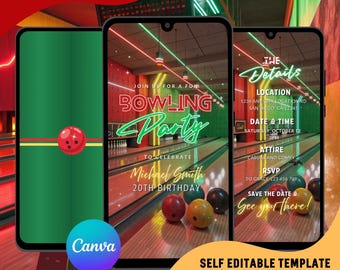 Bowling Birthday Party Video Invitation, Editable Animated Evite (Canva Template)