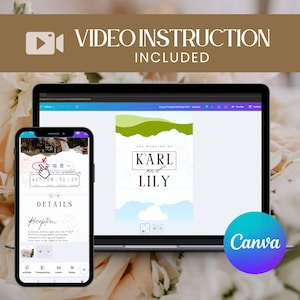 May include: A laptop and smartphone displaying wedding invitation designs. The laptop screen shows a design with the names "Karl and Lily." The smartphone displays a countdown timer and wedding details. The image includes the text "Video Instruction Included."