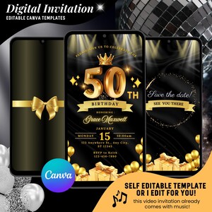50. Geburtstagseinladung, Schwarz und Gold 50. Geburtstagsfeier animierte Einladung, Dinner-Party Evite, bearbeitbare elegante digitale Video einladen