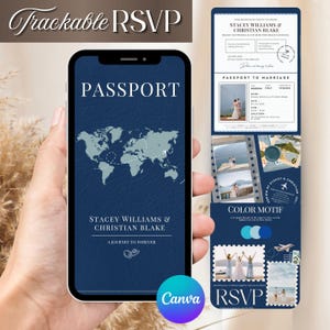 May include: A navy blue digital wedding invitation with the text "PASSPORT" and a world map graphic. The invitation includes the names Stacey Williams & Christian Blake, and RSVP information. The design features a color motif and wedding photos.