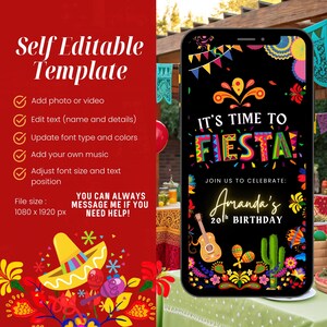 Puede incluir: Una plantilla de invitaci&oacute;n digital con un tema festivo de "Fiesta". El dise&ntilde;o presenta un tel&eacute;fono inteligente que muestra un fondo negro con gr&aacute;ficos coloridos, incluyendo una guitarra, maracas y un cactus. La invitaci&oacute;n dice "It's Time to Fiesta" y "Amanda's 20th Birthday."