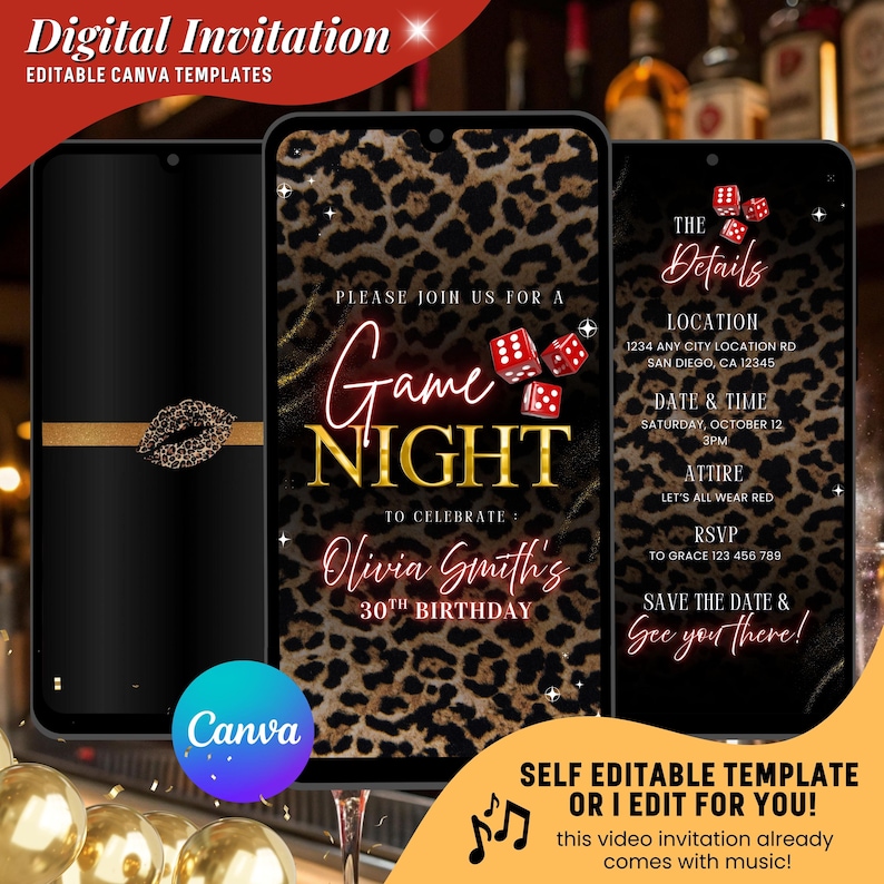 Leopard Print Game Night Editable Video Invitation: Glam Birthday Party ...