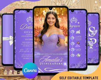 Light Purple Quinceañera Video Invitation, Sweet 15 Floral Digital Evites : Editable Canva Template