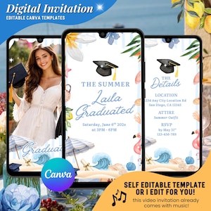 Puede incluir: Plantilla de invitación de graduación digital en la pantalla de un teléfono inteligente. El diseño presenta una foto, gráficos con temática de playa y detalles del evento. El texto dice "The Summer Laila Graduated".